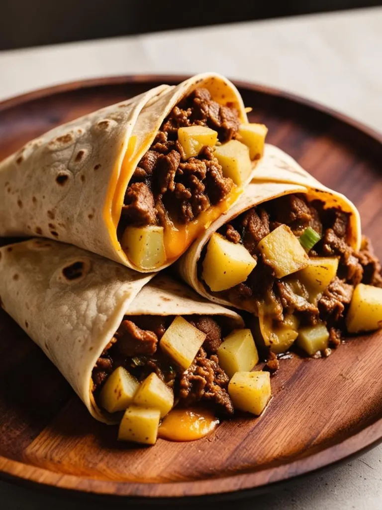 Three golden-brown burritos filled with a savory mixture of ground beef, potatoes, and melted cheese. The burritos are stacked on a wooden plate, ready to be enjoyed.