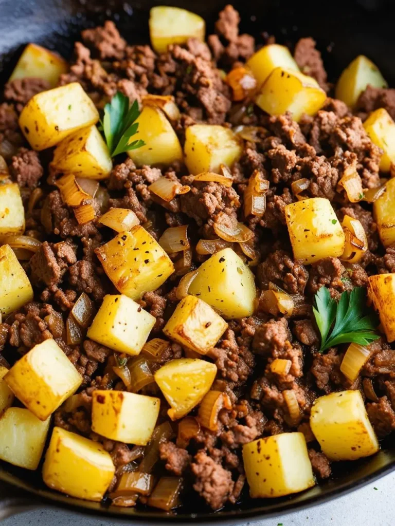 A skillet filled with a hearty mixture of ground beef, golden potatoes, and onions. The dish is seasoned with herbs and looks incredibly delicious.