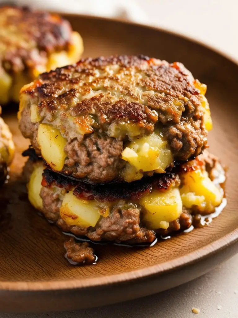 Two golden-brown potato cakes, filled with ground beef and onions, are stacked on a wooden plate. The cakes look crispy on the outside and soft on the inside.