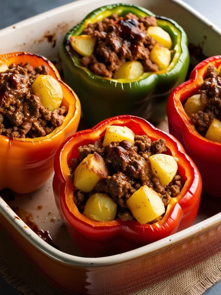 Three colorful bell peppers filled with a savory mixture of ground beef and potatoes. The peppers are arranged in a baking dish and look ready to be enjoyed.