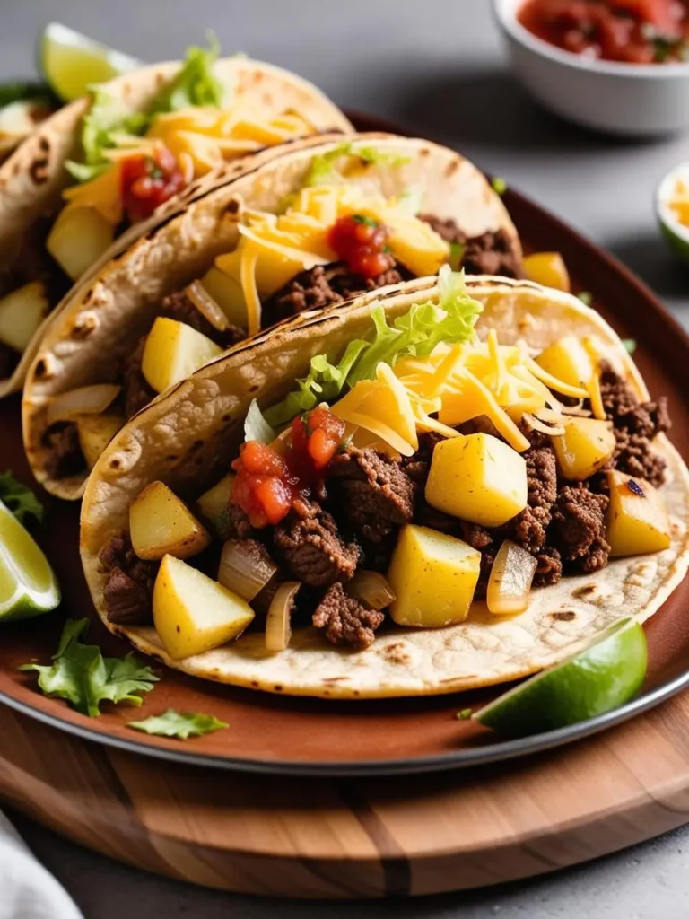 Three delicious tacos filled with seasoned ground beef, crispy potatoes, and onions. The tacos are topped with fresh lettuce, salsa, and melted cheese, making them a mouthwatering and satisfying meal.