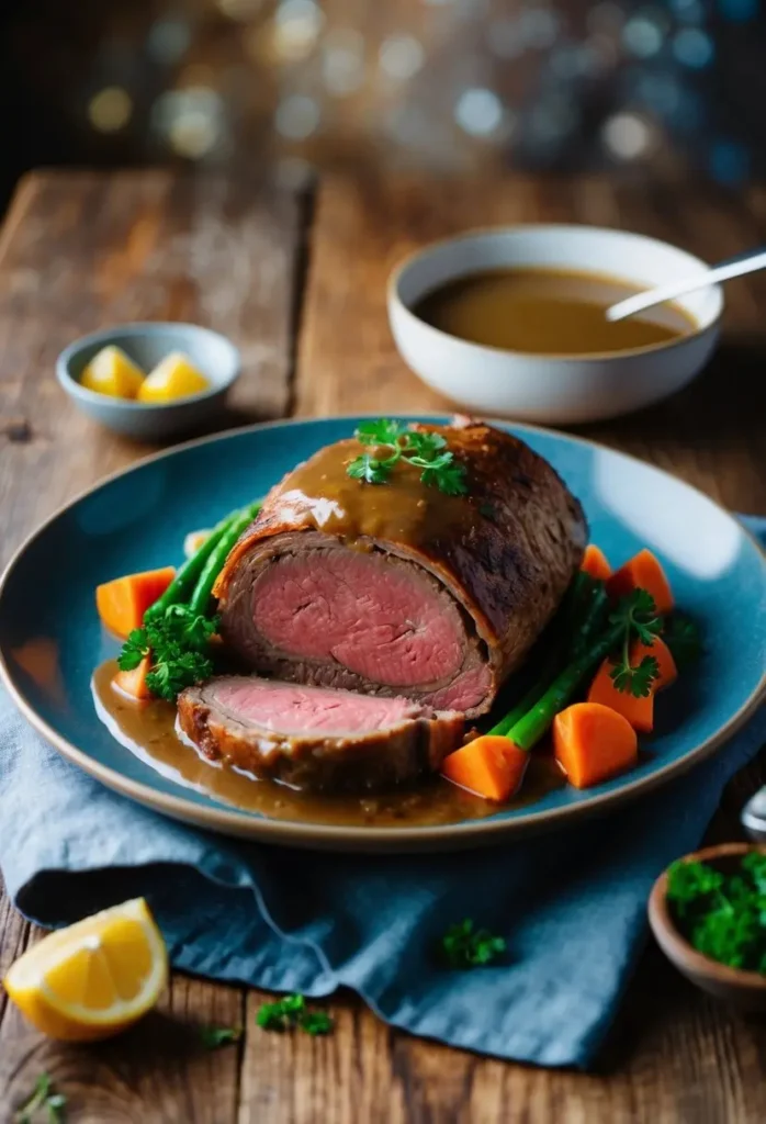 A perfectly cooked Beef Wellington sits on a rustic wooden table, surrounded by steamed vegetables and a rich gravy