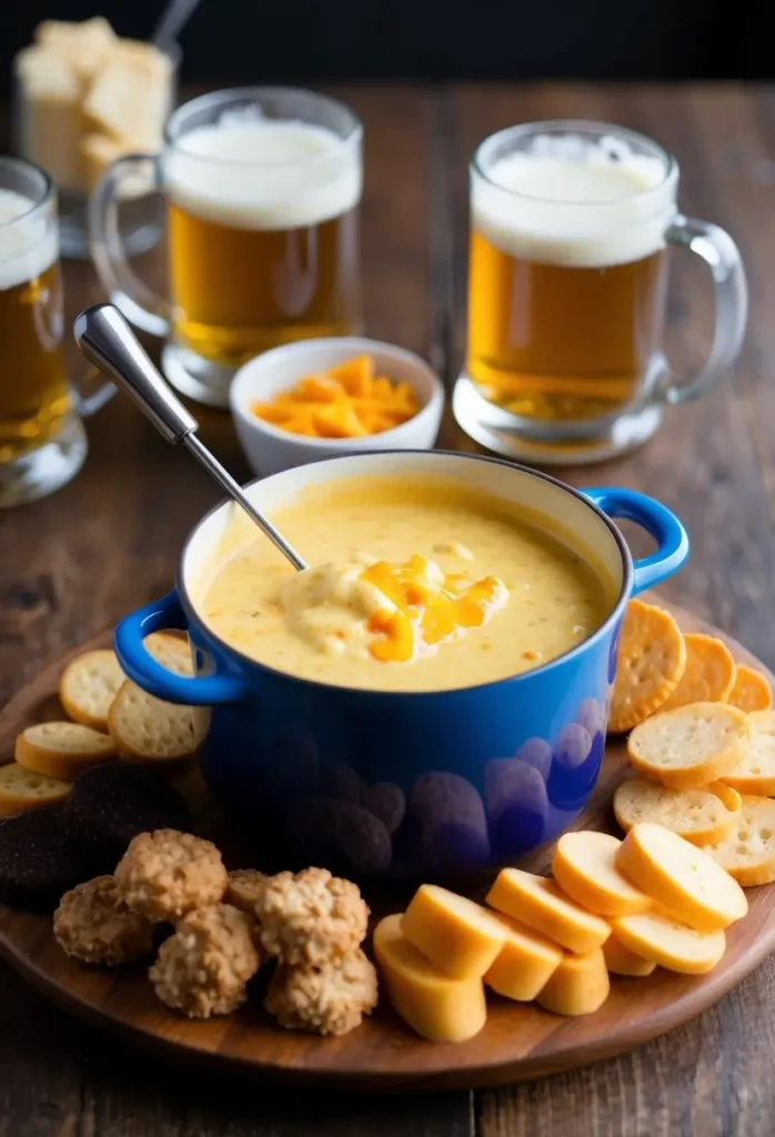 A bubbling pot of beer cheese fondue surrounded by assorted dippables on a wooden table