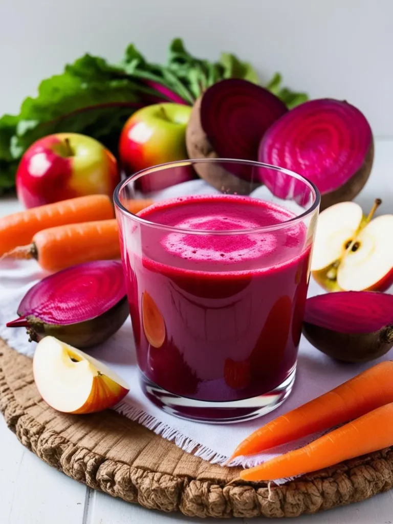 A glass of vibrant beet juice surrounded by fresh ingredients including beets, apples, and carrots, displayed on a woven mat with a white napkin. The juice has a rich red hue, highlighting its freshness and natural ingredients, perfect for a healthy detox drink.