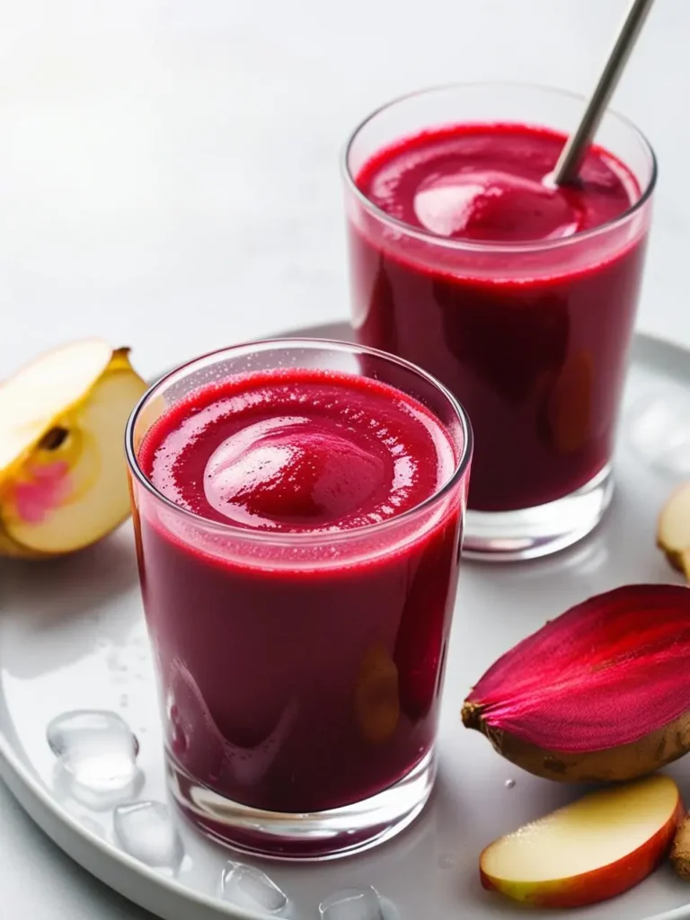 Two glasses of vibrant beetroot juice with a smooth, thick texture, accompanied by a metal straw in one glass. Fresh beet slices and apple wedges are arranged on a white tray with scattered ice cubes, adding a refreshing touch. The deep red color highlights the juice’s rich, earthy flavor, ideal for a detoxifying and nutrient-packed drink.