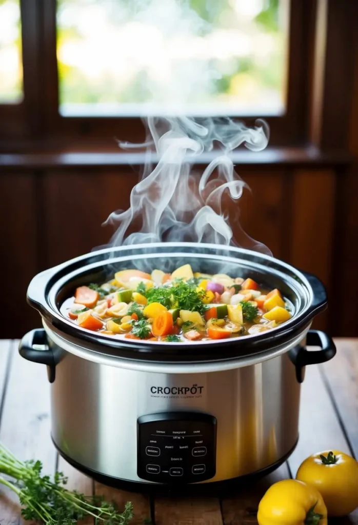 A crockpot filled with colorful, wholesome ingredients simmering and releasing aromatic steam