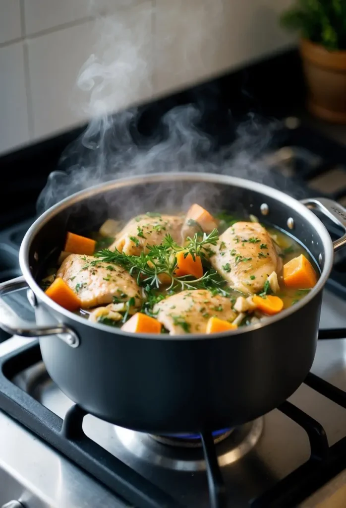 A sizzling skillet of chicken fajita pasta cooking over an open flame, with colorful peppers and onions mixed in