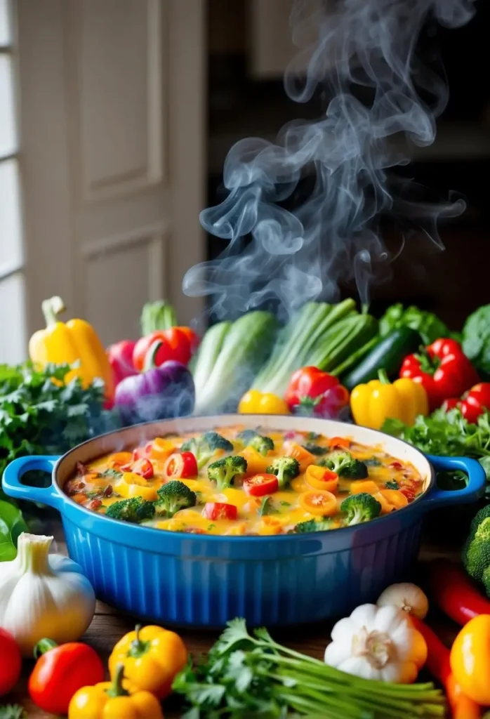 A colorful array of fresh vegetables arranged around a bubbling casserole dish, steam rising and enticing aromas wafting through the air