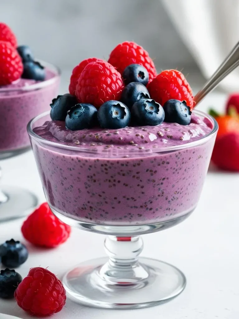 Glass dessert dish filled with rich, purple acai chia pudding, topped generously with fresh raspberries and blueberries. The smooth, colorful pudding is accented by the contrasting red and blue berries, creating an inviting and healthy treat perfect for breakfast or a snack.