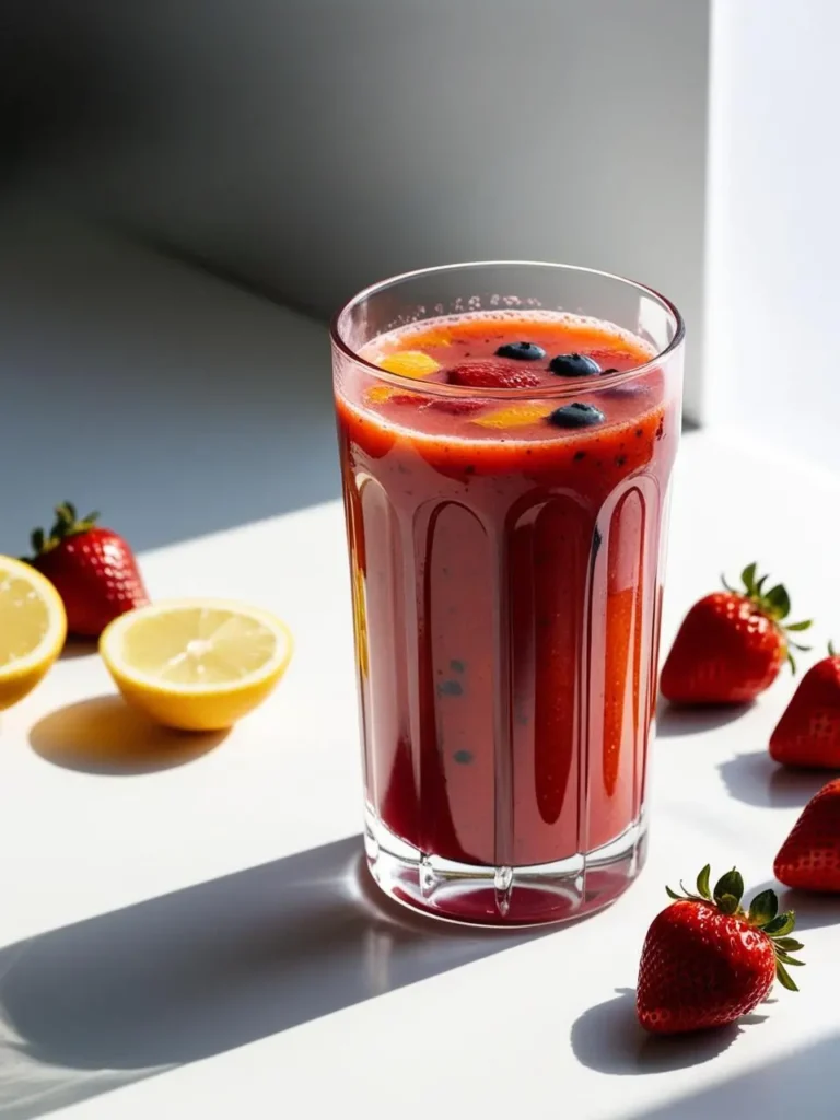 Glass of vibrant berry and citrus juice, topped with fresh blueberries, strawberries, and slices of orange. The drink is placed on a white surface with whole strawberries and lemon halves around it, casting soft shadows. The bright colors of the fruit create a refreshing and inviting look, perfect for a detox or juice cleanse theme.