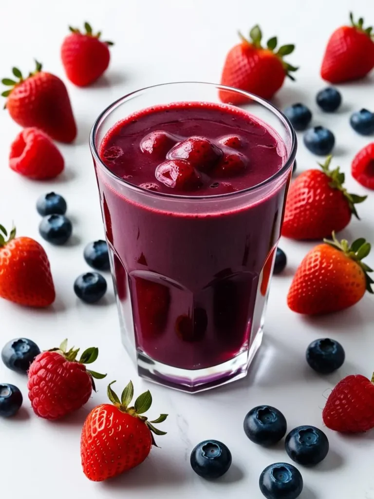 A glass of rich berry smoothie surrounded by fresh strawberries, raspberries, and blueberries on a white background. The deep purple drink showcases its vibrant, antioxidant-rich ingredients, perfect for a healthy and refreshing detox.