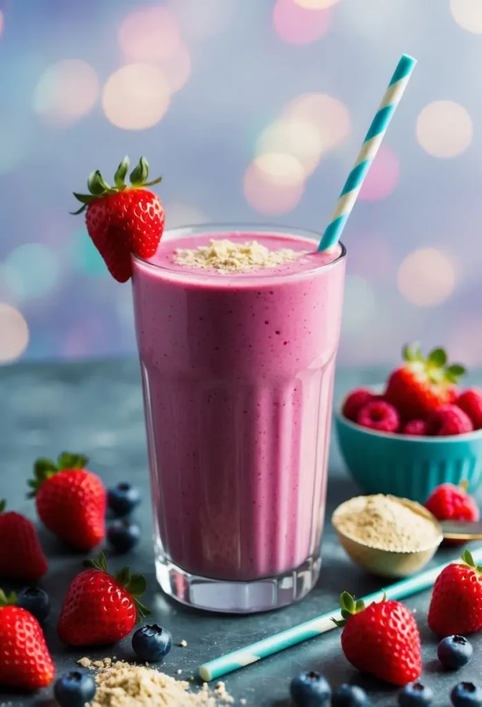 A glass filled with a vibrant pink berry protein smoothie surrounded by fresh berries and a scoop of protein powder