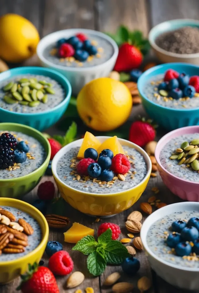 A colorful array of chia pudding bowls surrounded by vibrant, fresh ingredients like berries, nuts, and seeds, showcasing the various nutritional benefits of this popular superfood dessert