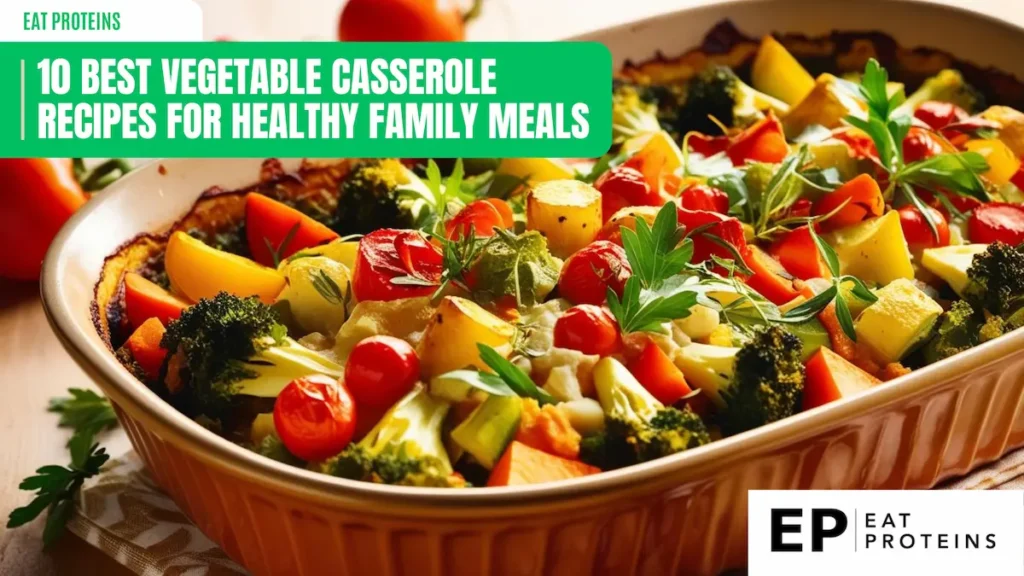 Colorful vegetable casserole topped with fresh herbs in a ceramic baking dish, featuring vibrant ingredients like cherry tomatoes, broccoli, zucchini, and carrots. The dish sits on a wooden table, radiating a healthy and appetizing look, perfect for family meals.