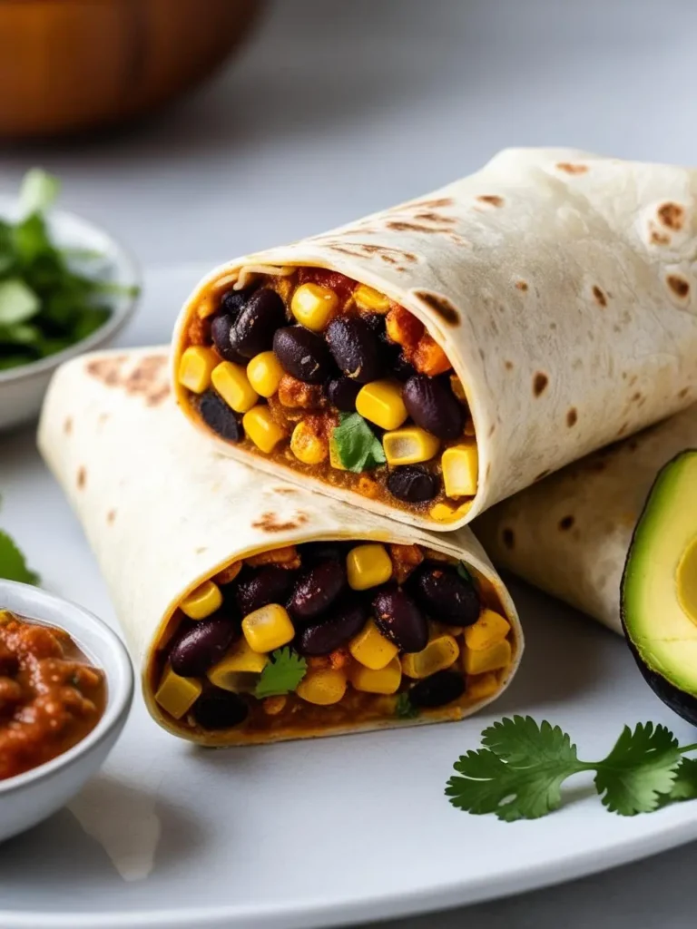 A colorful burrito filled with black beans and corn, surrounded by fresh ingredients and spices