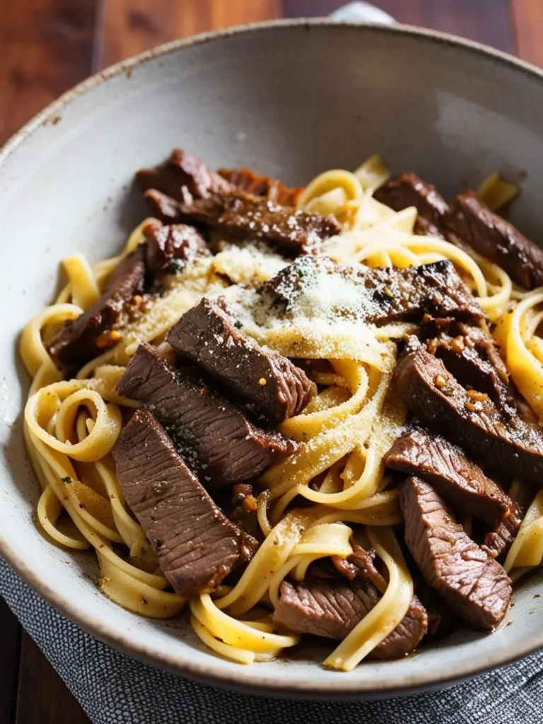 A bowl of fettuccine pasta tossed with strips of steak and topped with grated Parmesan cheese. The dish looks rich and flavorful, perfect for a hearty meal.