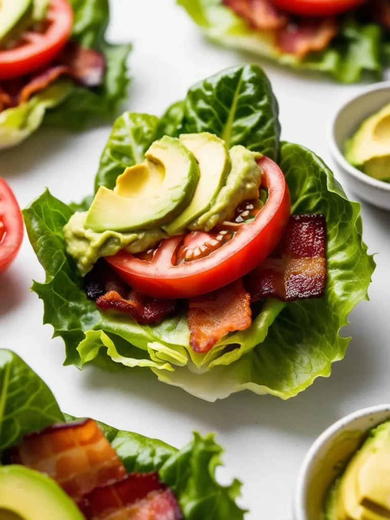 Lettuce wraps filled with crispy bacon, ripe tomato slices, and avocado. The wraps look fresh, healthy, and flavorful.