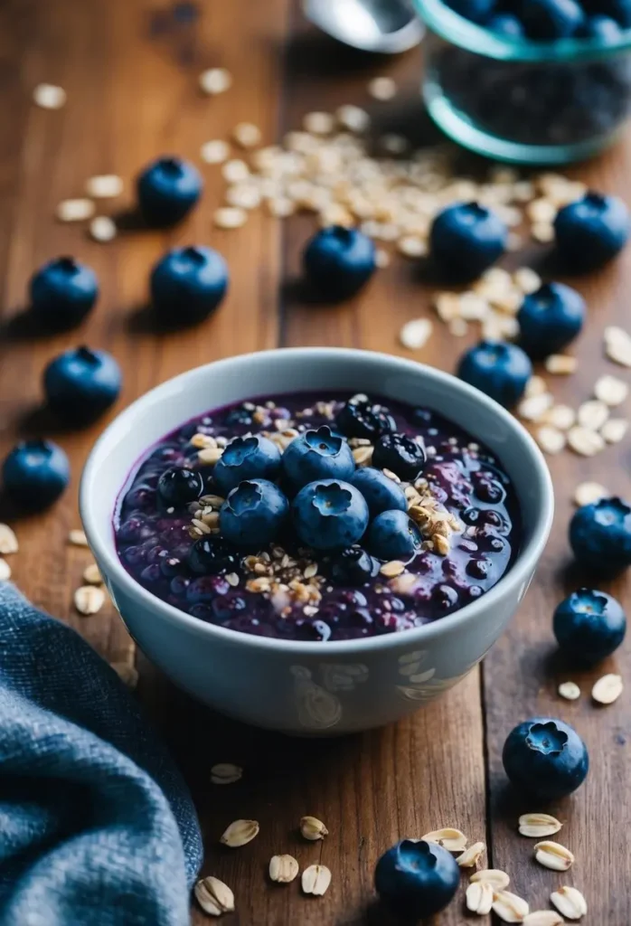 A bowl of blueberry chia oatmeal surrounded by fresh blueberries, chia seeds, and oats on a wooden table