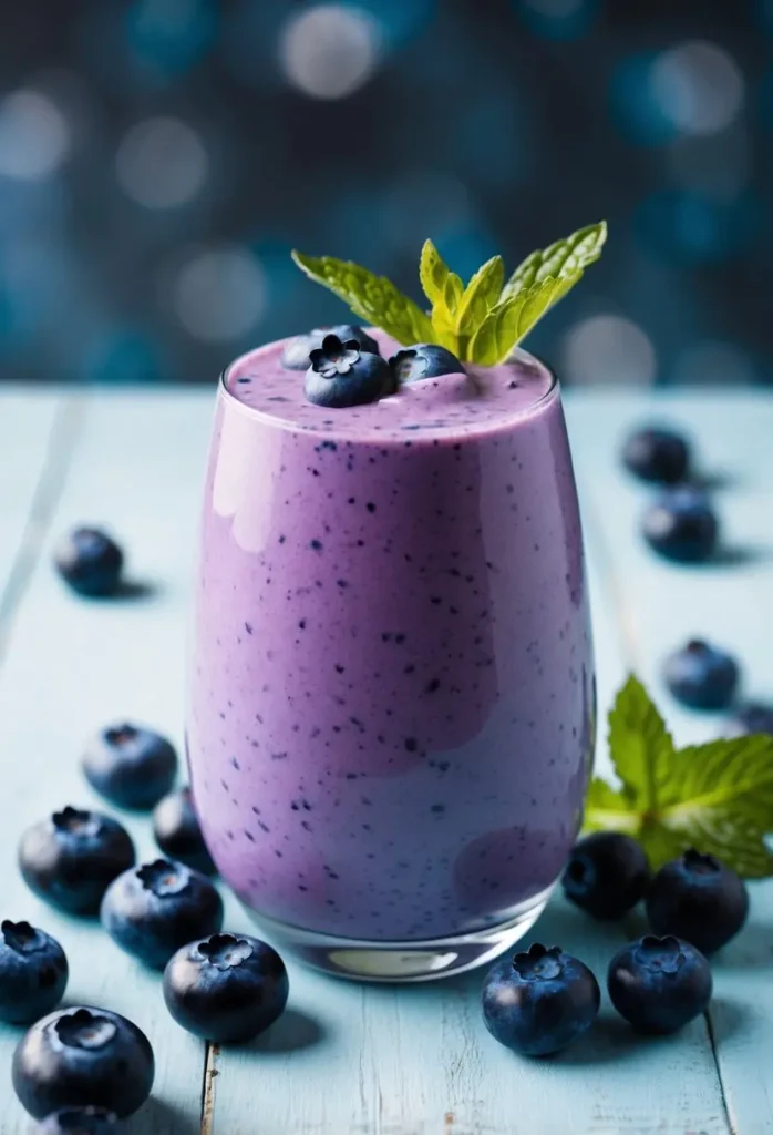 A glass filled with a vibrant blueberry Greek yogurt smoothie, surrounded by fresh blueberries and a sprig of mint