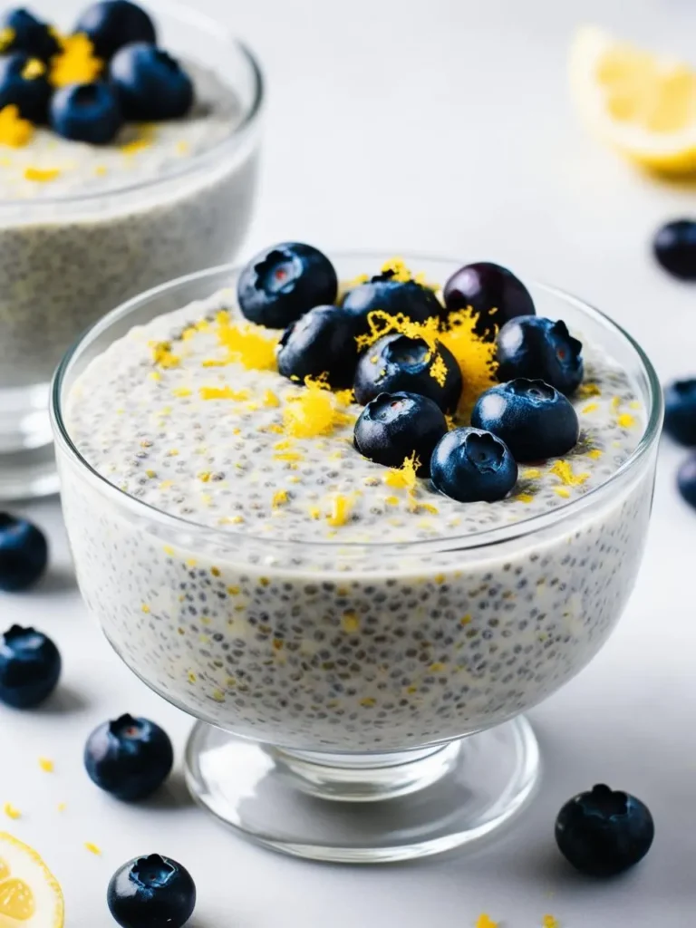 A glass jar filled with blueberry and lemon chia pudding, topped with fresh blueberries