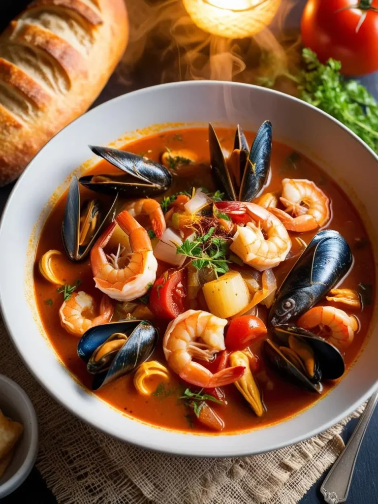 A steaming pot of bouillabaisse surrounded by colorful bread, vegetables, and herbs