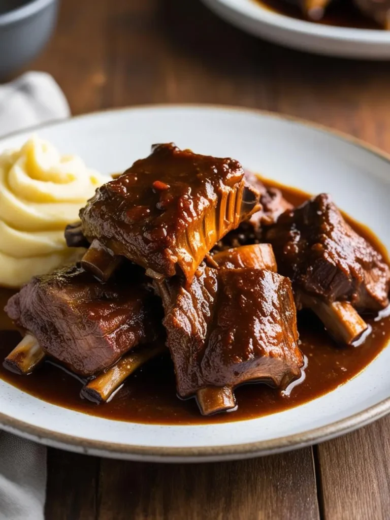 A plate of tender braised short ribs smothered in a rich, dark sauce. The ribs are served with a side of creamy mashed potatoes, making it a hearty and comforting meal.