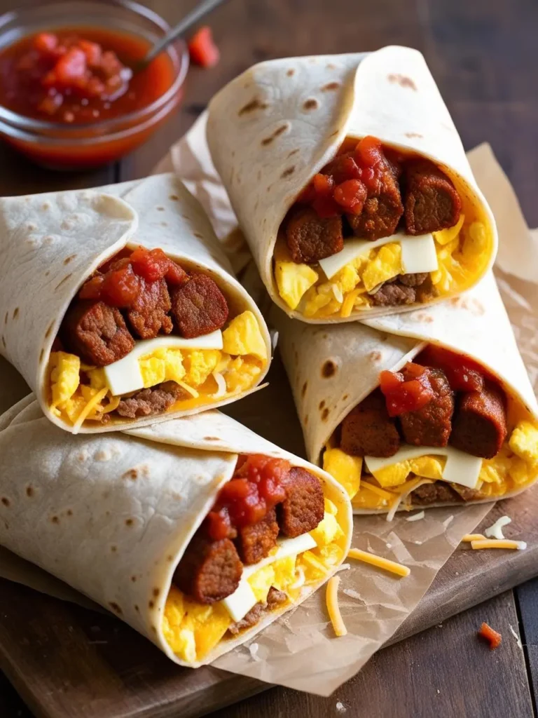 A sizzling breakfast burrito with chorizo, eggs, and cheese on the chopping board 