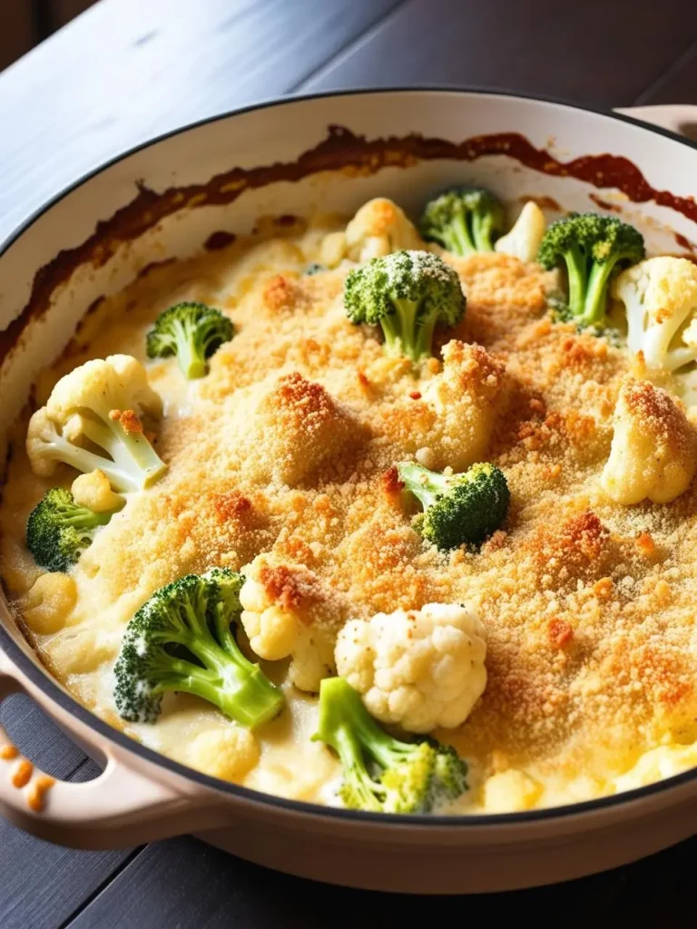 A bubbling casserole dish filled with creamy broccoli and cauliflower, topped with golden, crispy breadcrumbs