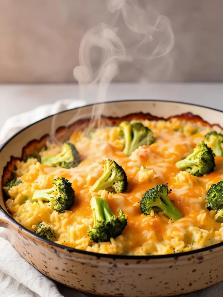 A steaming casserole dish filled with creamy broccoli cheddar rice, topped with a golden, crispy crust. 