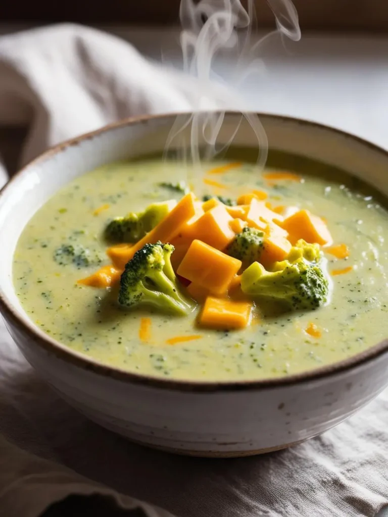 A bowl of hot, creamy broccoli cheddar soup garnished with fresh broccoli florets and melted cheddar cheese cubes. Steam rises from the bowl, highlighting its warmth and freshness, set against a soft, neutral background