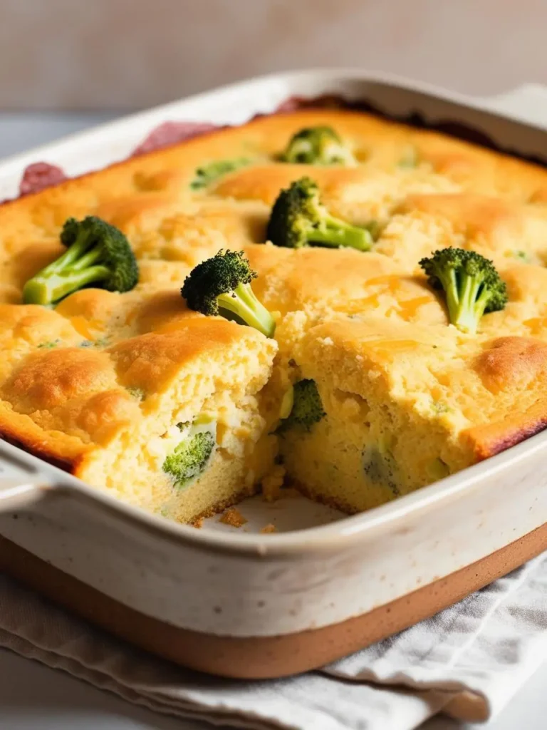 A steaming dish of broccoli cornbread casserole on the table