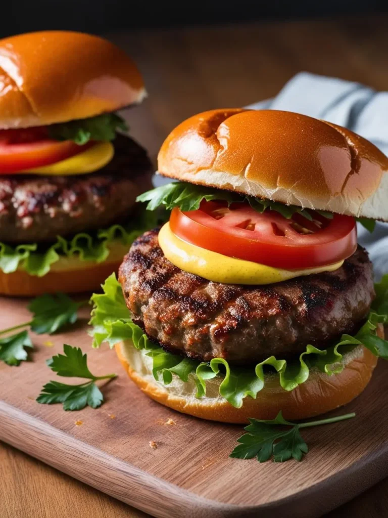 Two juicy buffalo burgers served on toasted buns with fresh lettuce, thick tomato slices, and a slice of cheddar cheese. The burgers are perfectly grilled, with char marks visible on the patties, giving them an appetizing appearance. Garnished with sprigs of parsley, the burgers are placed on a wooden board, adding a rustic touch to the hearty presentation. The soft, glossy buns and vibrant toppings make these burgers look mouthwatering and ready to enjoy.