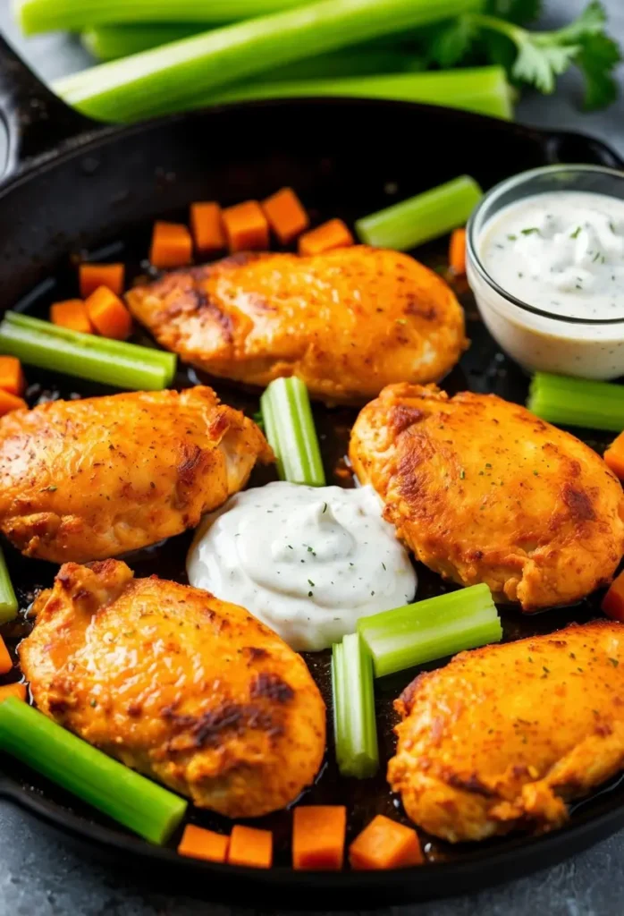 A sizzling skillet with golden-brown buffalo chicken breasts, surrounded by vibrant green celery and a side of creamy ranch dressing