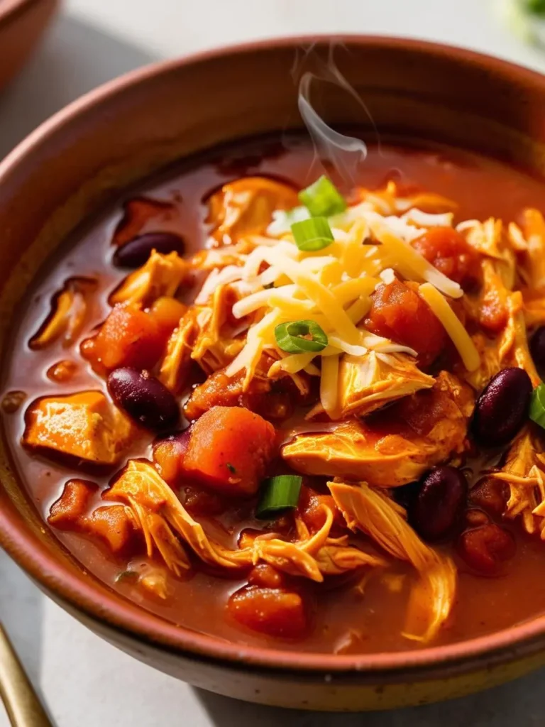 A steaming bowl of chicken chili with black beans, corn, and tomatoes, topped with shredded cheese and green onions. The chili looks flavorful and perfect for a cold day.