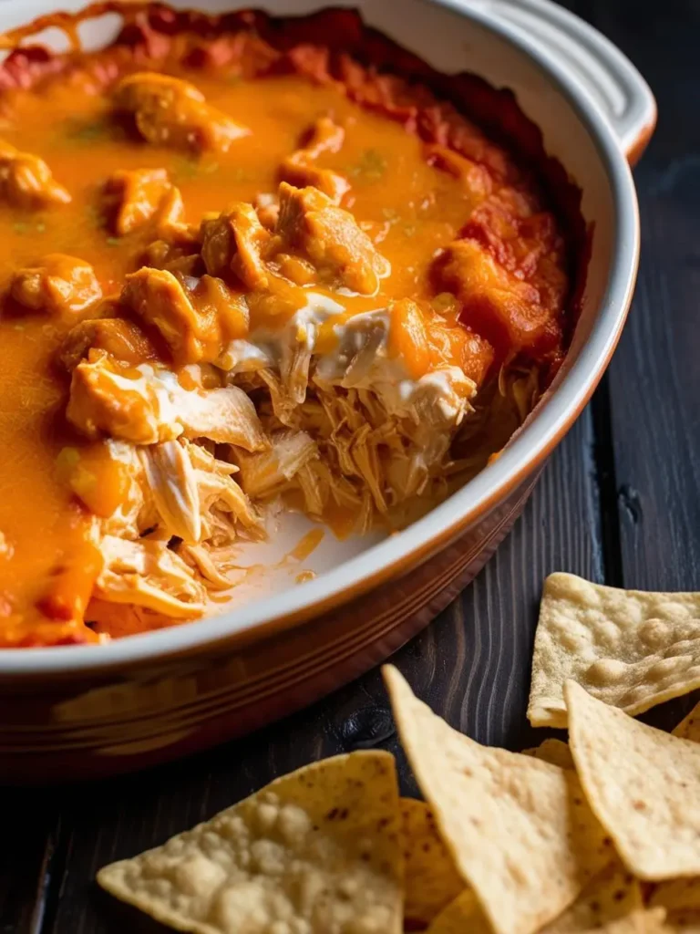 A creamy, cheesy dip with chunks of chicken and a spicy, orange sauce, served in a white dish with tortilla chips scattered around it.