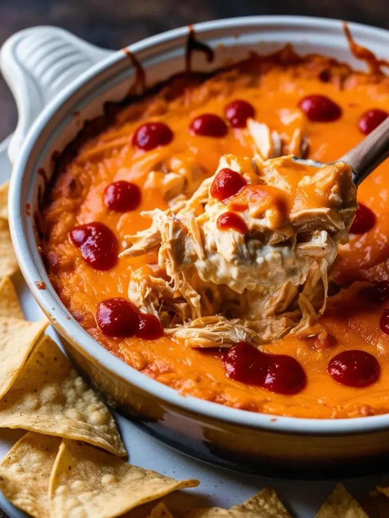 A close-up view of a warm, cheesy buffalo chicken dip in a round baking dish. The dip is topped with melted cheddar cheese and dotted with dollops of buffalo sauce for added flavor and visual appeal. A spoonful of the dip is lifted, showcasing the creamy, shredded chicken mixture beneath the cheese layer. Surrounding the dish are tortilla chips, ready for dipping, adding a crunchy contrast to the rich and savory dip. 