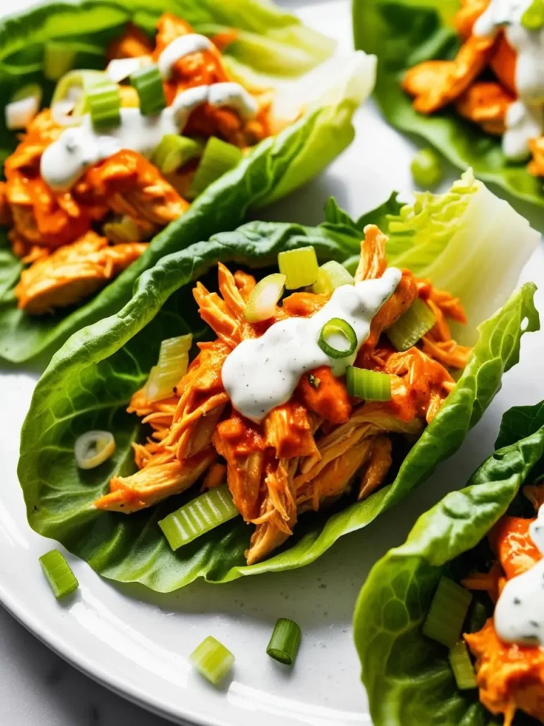 Lettuce wraps filled with spicy buffalo chicken, topped with creamy blue cheese dressing and green onions. The wraps look delicious and perfect for a game day snack.