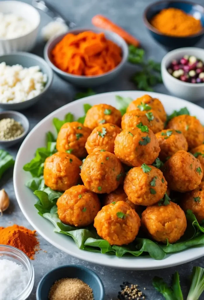 A platter of buffalo chicken meatballs surrounded by various high-protein ingredients and spices