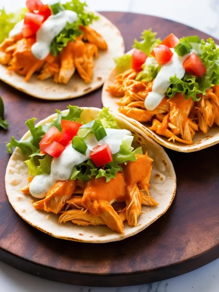 Three soft tortillas filled with shredded buffalo chicken, topped with lettuce, tomato, and a creamy dressing. The tacos look spicy and flavorful, perfect for a game day snack.