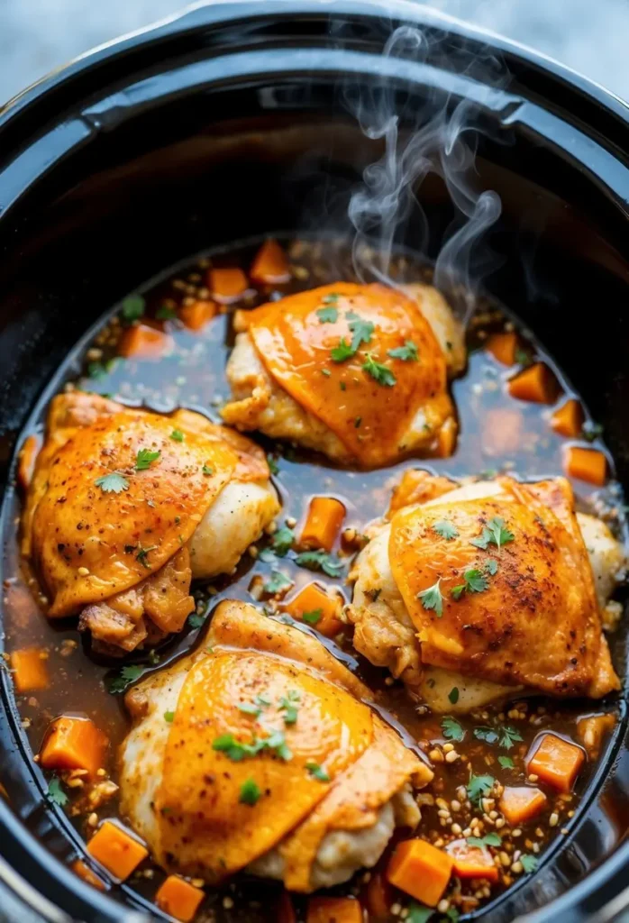 Buffalo chicken thighs cooking in a crockpot, surrounded by spices and seasonings, with steam rising from the pot