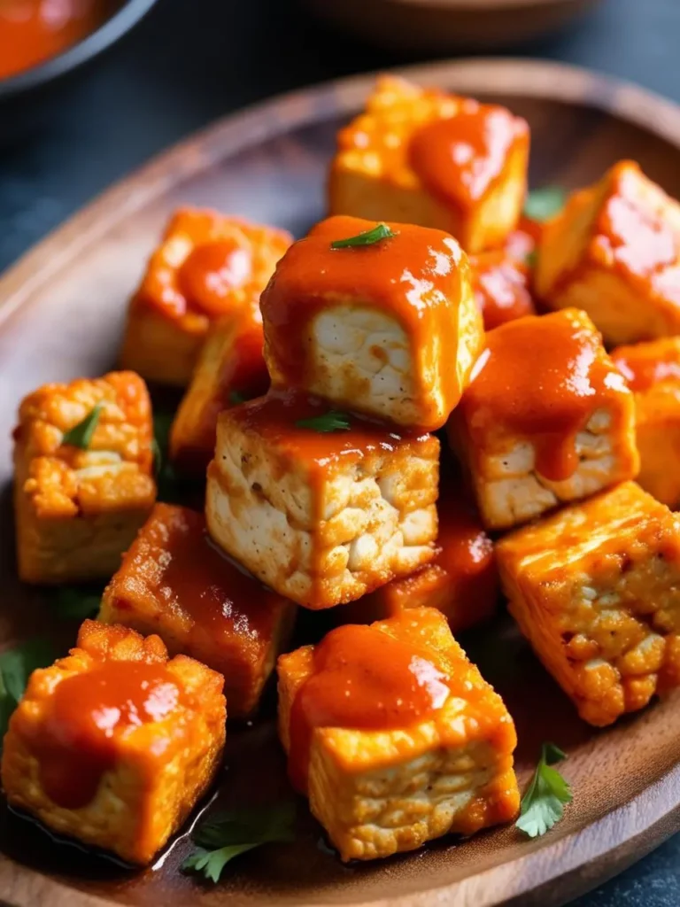 A plate of crispy tofu cubes drizzled with a spicy sauce.