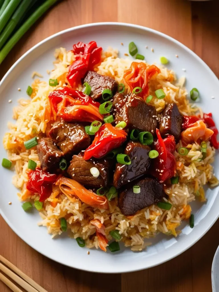 Plate of bulgogi kimchi fried rice topped with tender marinated beef slices, sautéed red peppers, and garnished with fresh green onions and sesame seeds. The vibrant colors and hearty ingredients highlight the fusion of savory Korean flavors, perfect for an appetizing meal