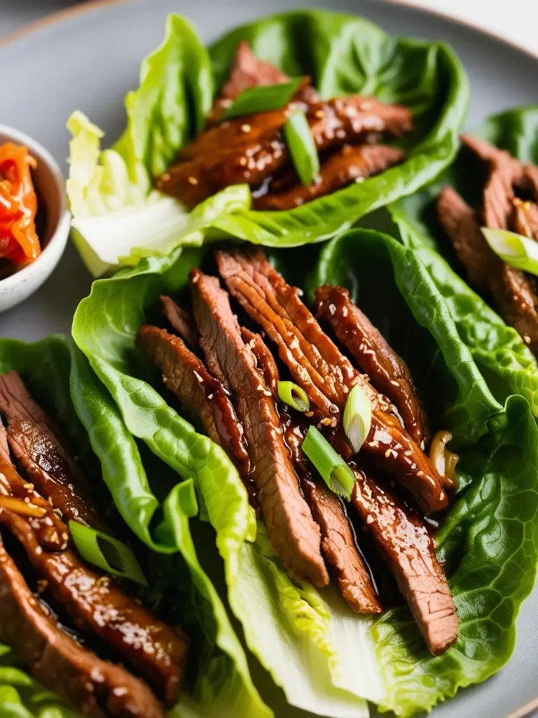 Plate of bulgogi lettuce wraps featuring tender slices of marinated beef placed on crisp lettuce leaves, garnished with green onions and a side of pickled vegetables. The dish offers a fresh and healthy presentation, showcasing the balance of savory flavors and crunchy textures