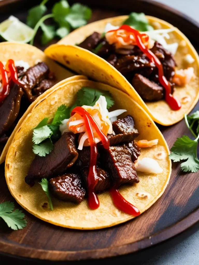 Close-up of bulgogi tacos served on a wooden platter, featuring tender, marinated beef topped with fresh cilantro, pickled vegetables, and a drizzle of spicy sauce. The vibrant and colorful garnishes add to the appetizing presentation, highlighting the fusion of Korean and Mexican flavors