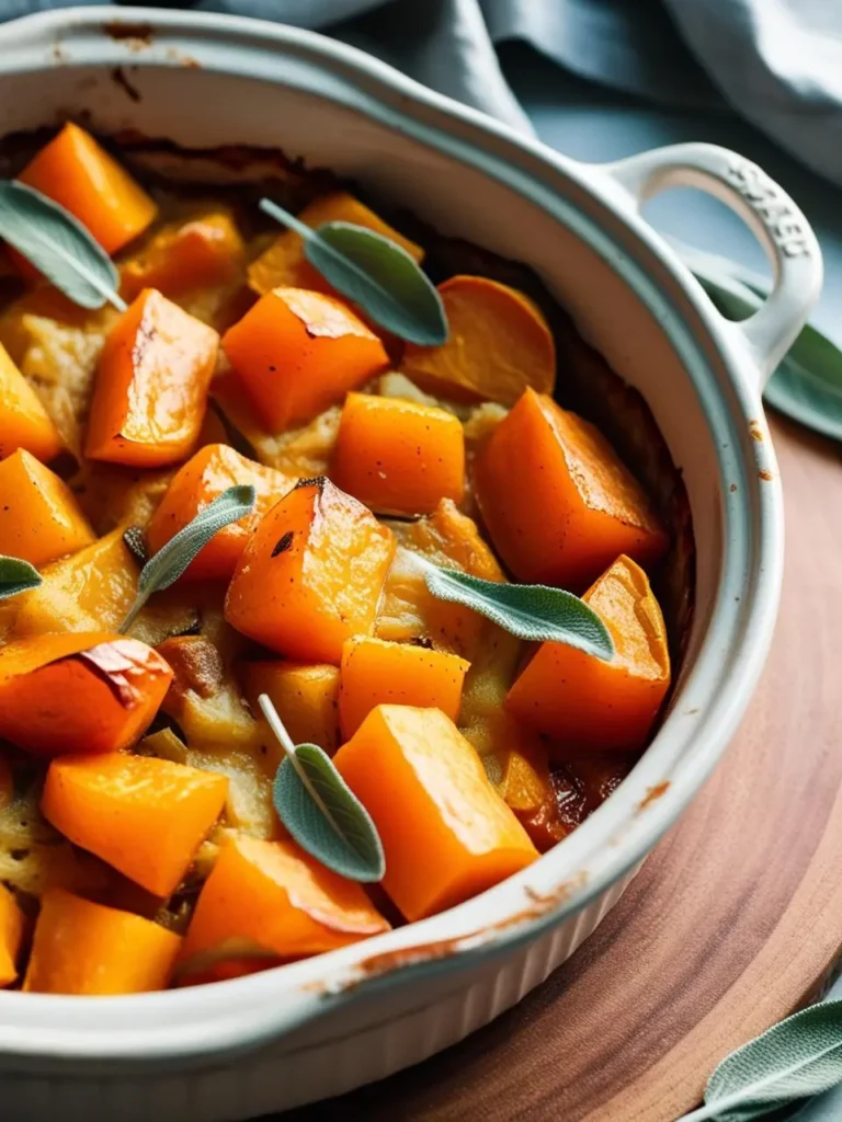 A rustic kitchen scene with a bubbling butternut squash and sage casserole in a ceramic dish, surrounded by fresh vegetables and herbs