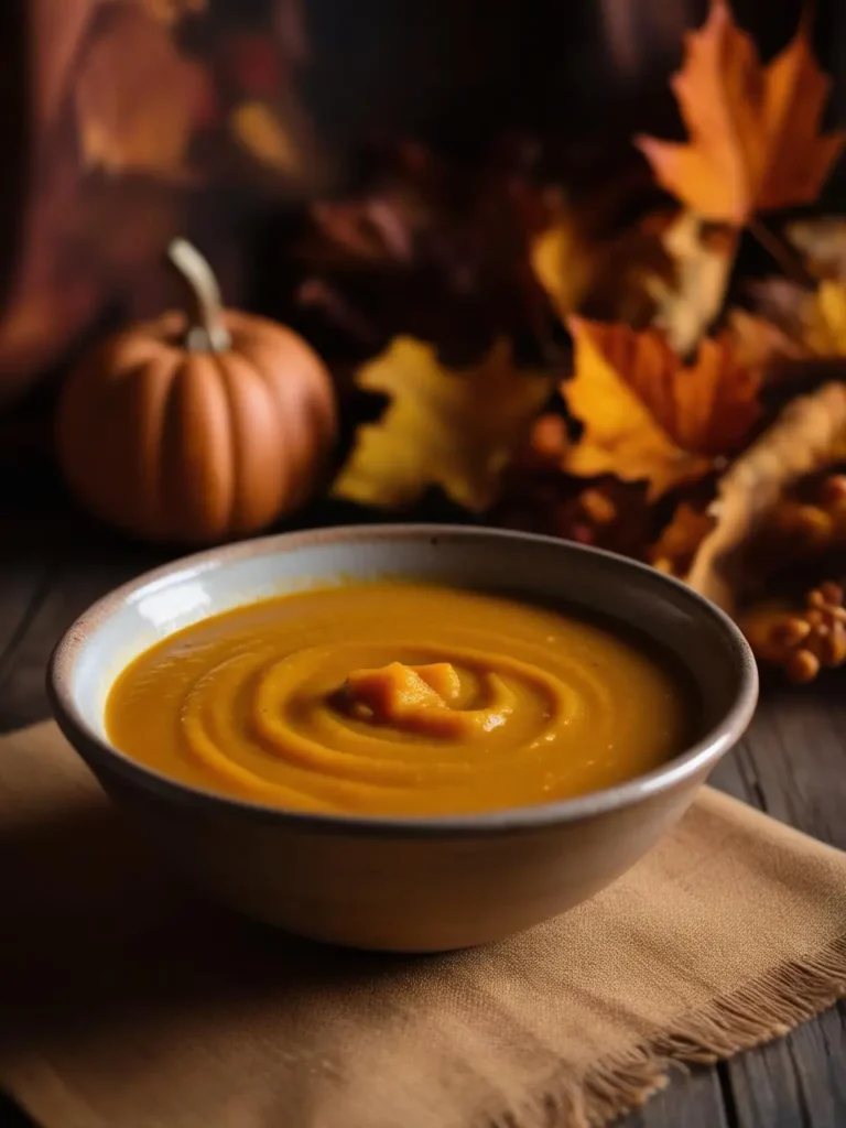 A bowl of creamy butternut squash soup placed on a beige napkin, set on a wooden table. In the background, autumn-themed decorations including a small pumpkin and fall leaves add a cozy seasonal touch.