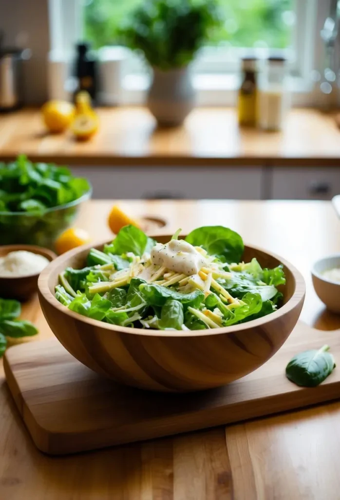 A wooden bowl filled with Caesar salad, topped with homemade dressing, surrounded by fresh ingredients on a kitchen counter