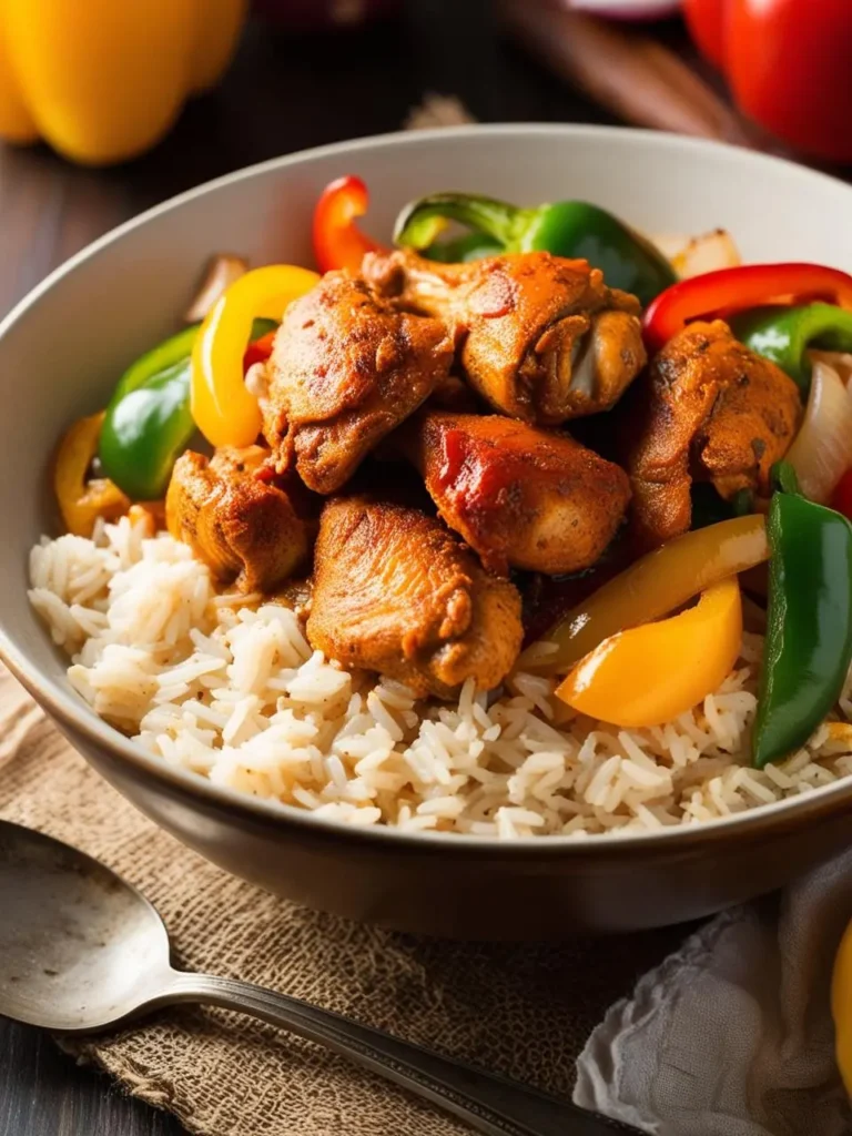 A bowl of flavorful chicken and rice, with colorful bell peppers and onions. The chicken appears to be cooked in a spicy sauce, making it a vibrant and appetizing dish.