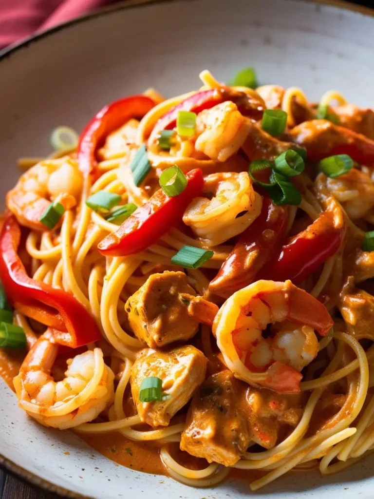 A plate of creamy shrimp and chicken pasta with red bell peppers. The dish looks rich and flavorful, with tender chicken and shrimp in a creamy sauce.