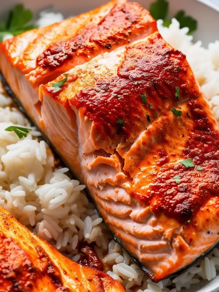 A close-up image of a golden-brown salmon fillet, seasoned with a spicy blend of paprika and herbs. The salmon is served on a bed of white rice and looks incredibly appetizing.